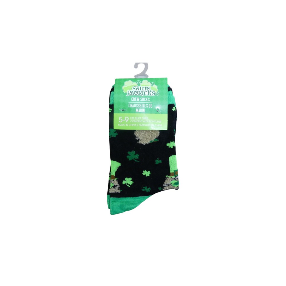 Greenbrier Crew Socks Women 5-9 Black St Patricks Leprechaun Shamrock Holiday